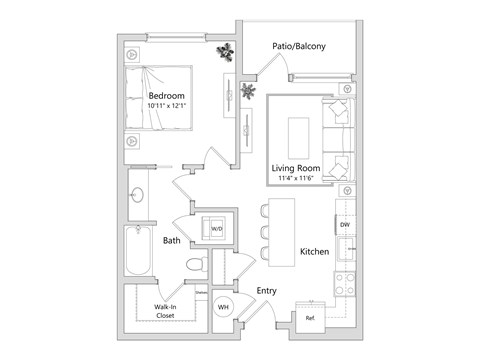 Floor plan for 1 bed, 1 bath, 623 sqft